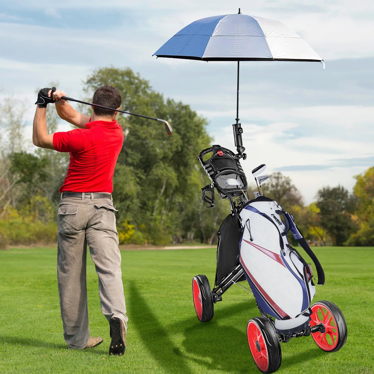 Folding Aluminum Alloy Golf Trolley - 4-Wheel Golf Bag Cart with Umbrella & Cup Holder