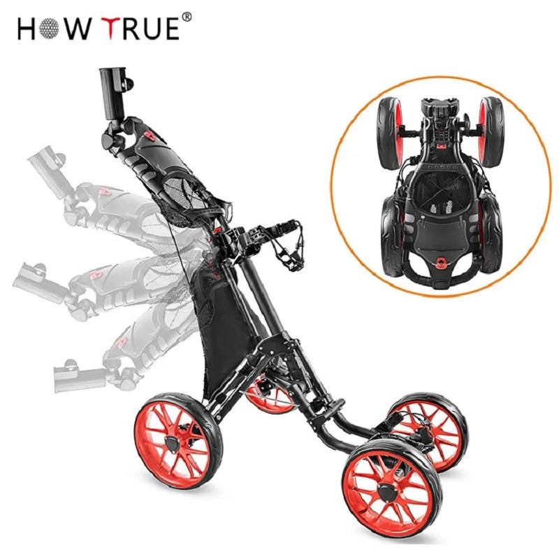 Folding Aluminum Alloy Golf Trolley - 4-Wheel Golf Bag Cart with Umbrella & Cup Holder