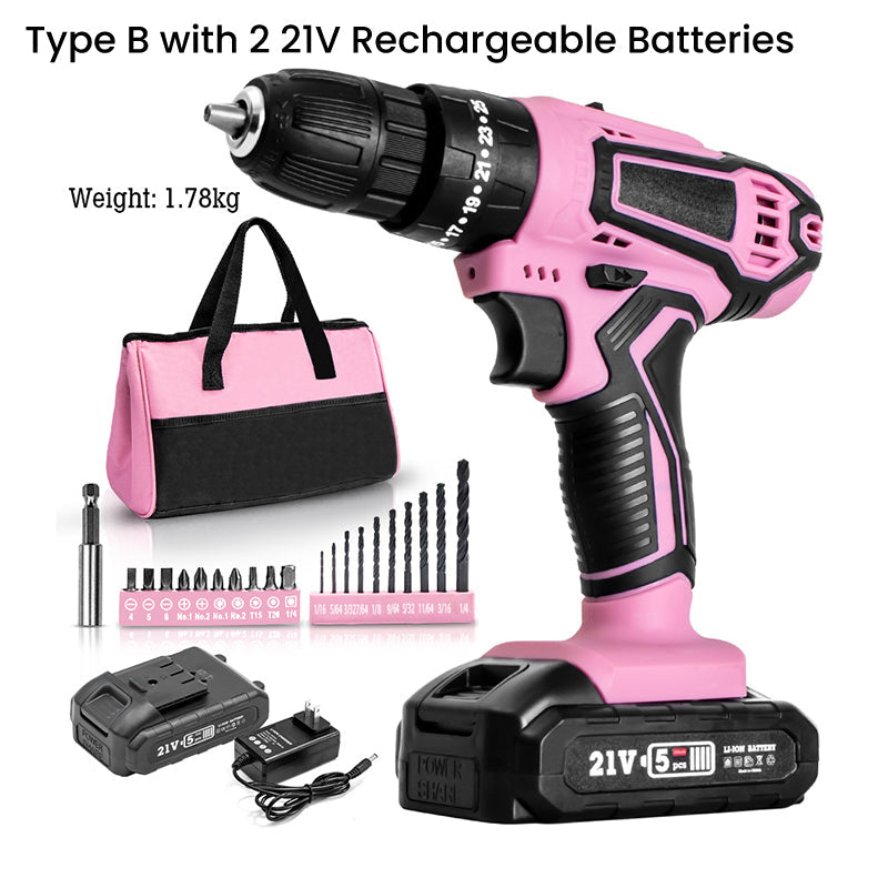 Pink Cordless Drill Driver Set with 25+1 Torque Settings